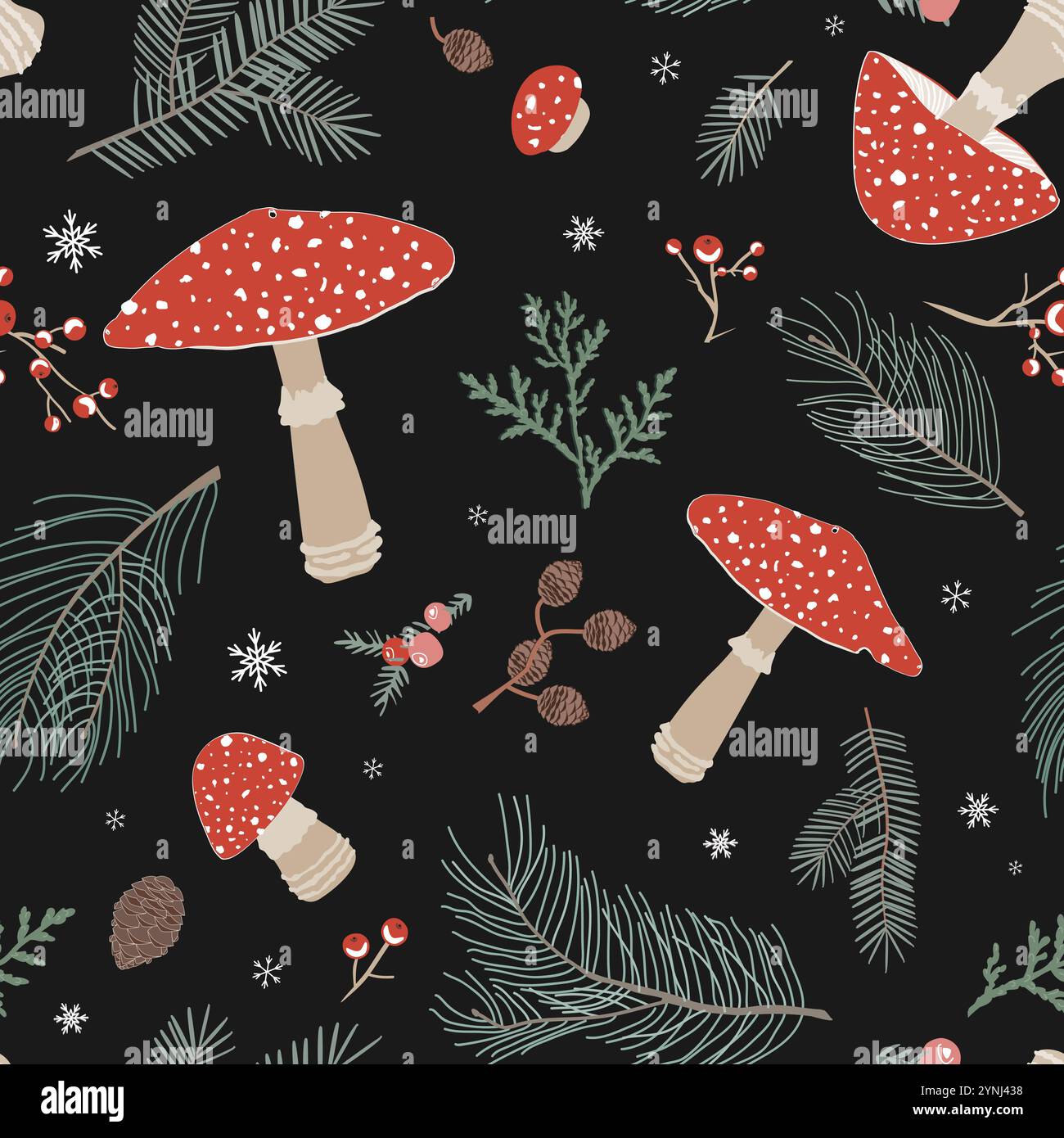 Motivo natalizio senza cuciture con funghi muscolari Amanita, rami e bacche. Carino sfondo autunnale e invernale con funghi agarici. Illustrazione Vettoriale