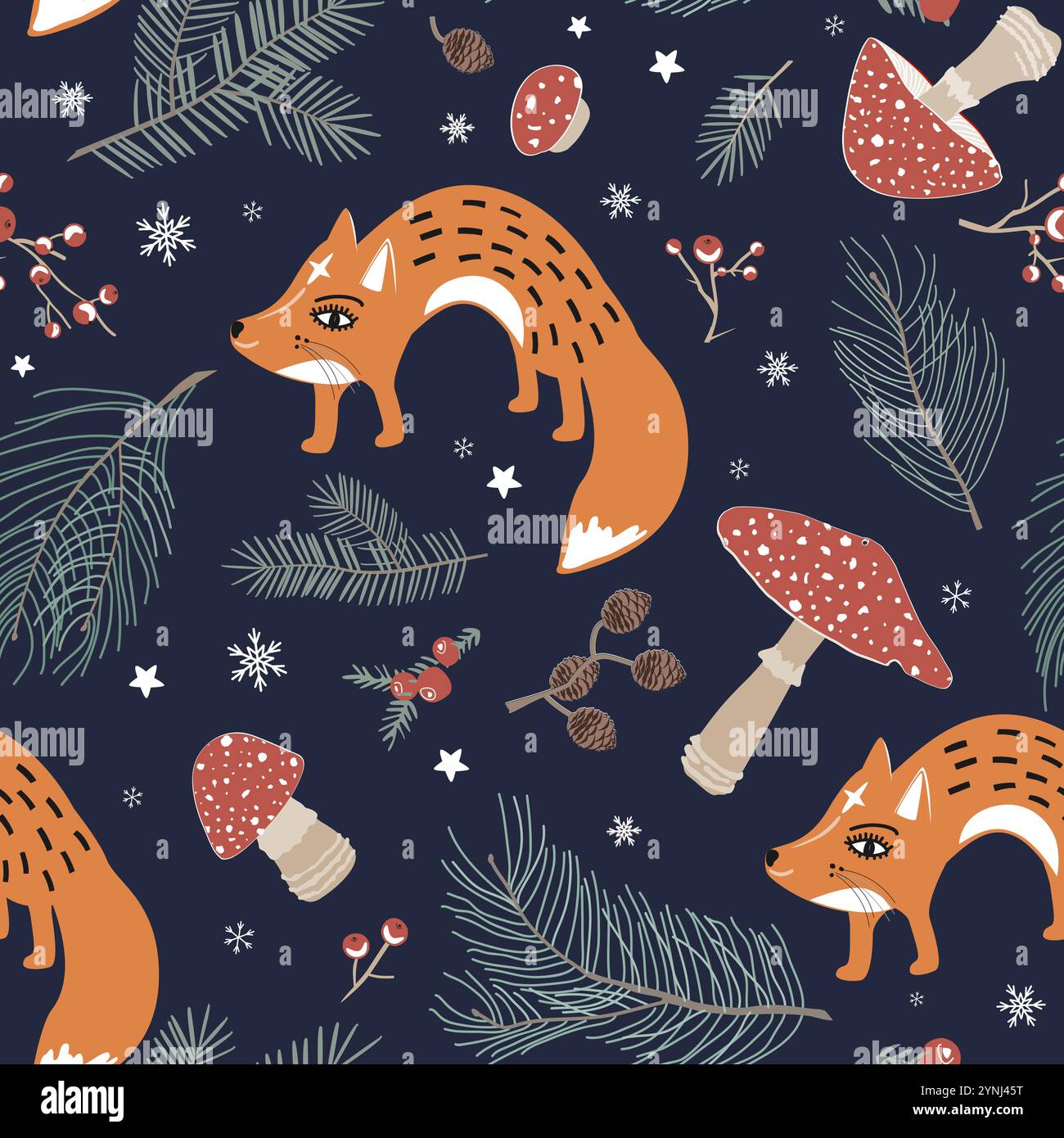 Fantasia natalizia senza cuciture con volpi, funghi muscolari Amanita, rami e bacche. Carino sfondo autunnale e invernale con mosca agarica Illustrazione Vettoriale
