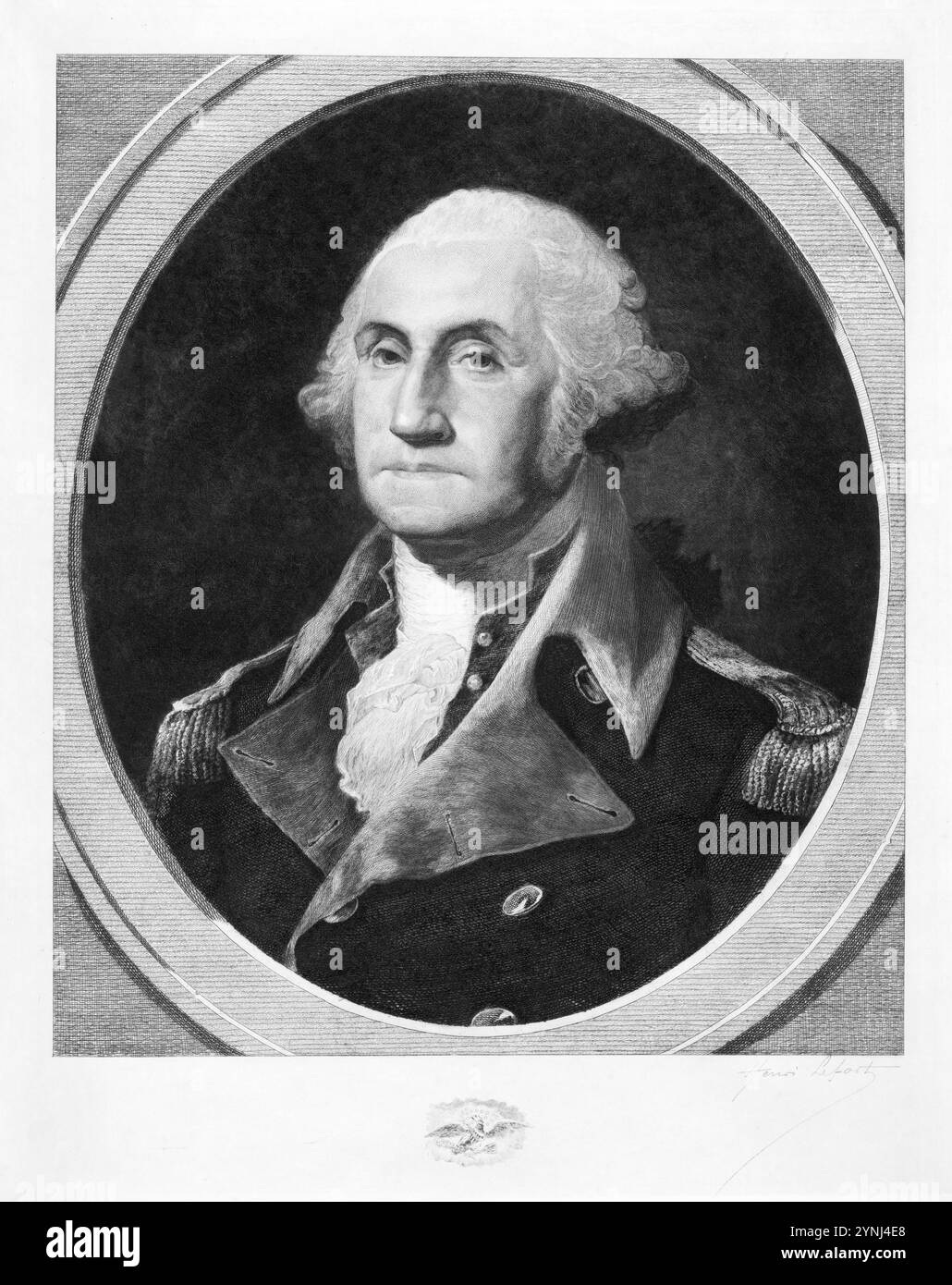 Ritratto del busto di George Washington, leggermente a sinistra, con parrucca bianca, cappotto militare con grande collo leggero, spalline e camicia con volant sul collo. Aquila incisa nel centro inferiore - Henri Lefort, incisione c 1880 Foto Stock