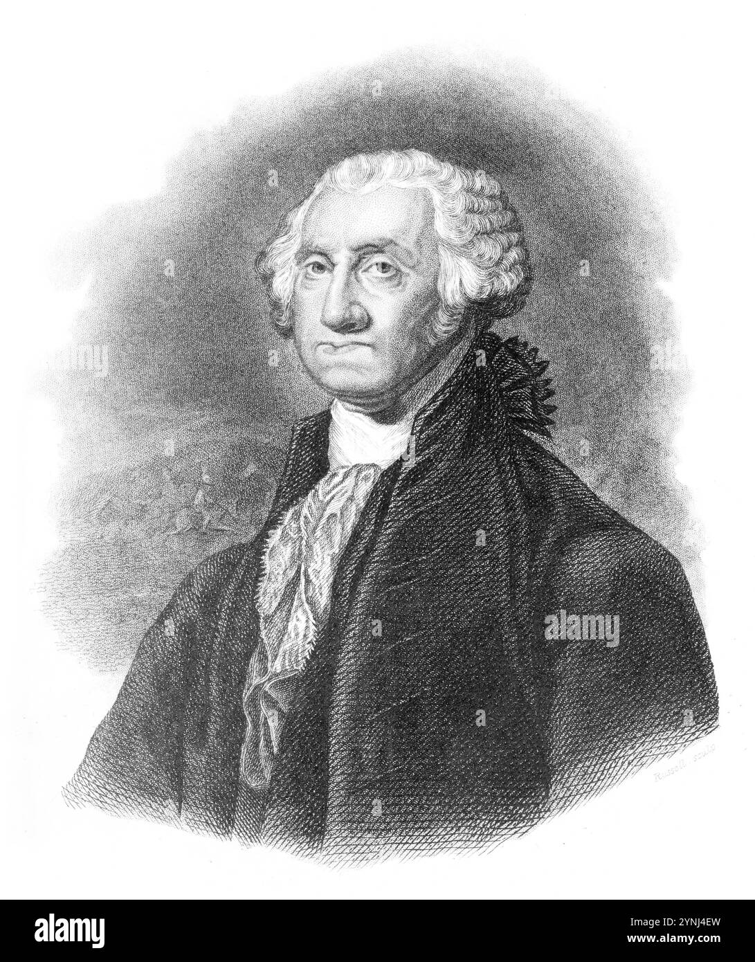 George Washington, ritratto a mezza lunghezza, rivolto a sinistra, con scena indistinta sullo sfondo sinistro - incisione dopo Gilbert Stuart Foto Stock