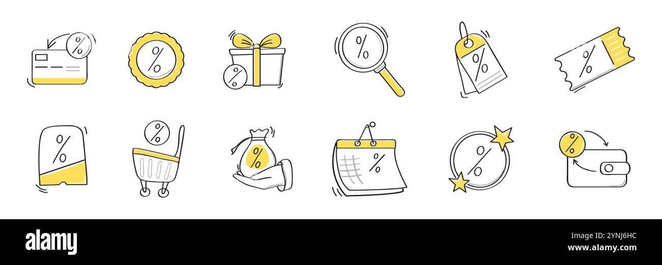 Set di icone di sconto in stile Doodle con percentuale disegnata a mano Illustrazione Vettoriale