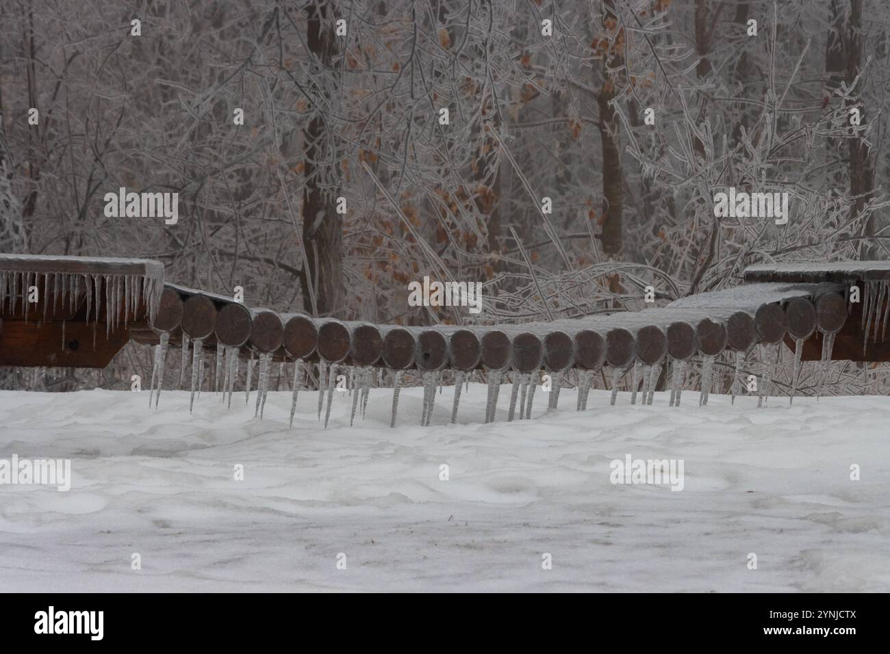 Il ghiaccio ricopre la struttura di gioco in un parco rendendolo pericoloso Foto Stock