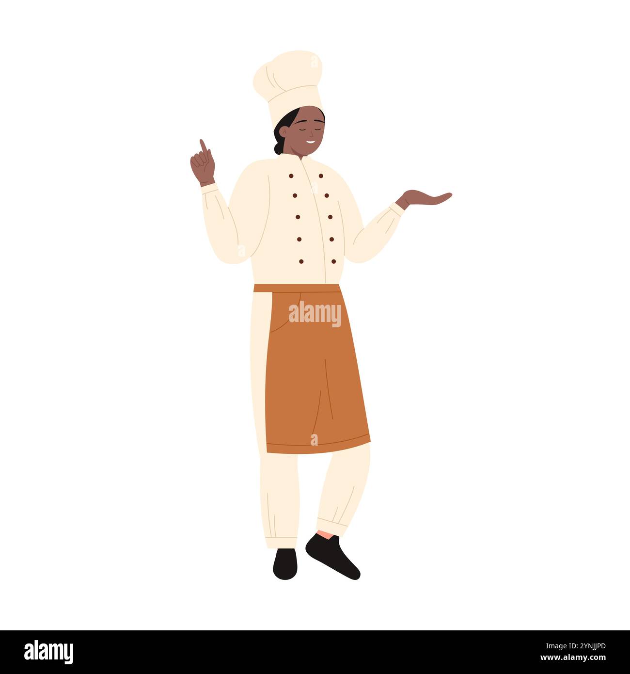 Donna in uniforme, grembiule e chef che sorride e punta verso l'alto illustrazione vettoriale Illustrazione Vettoriale