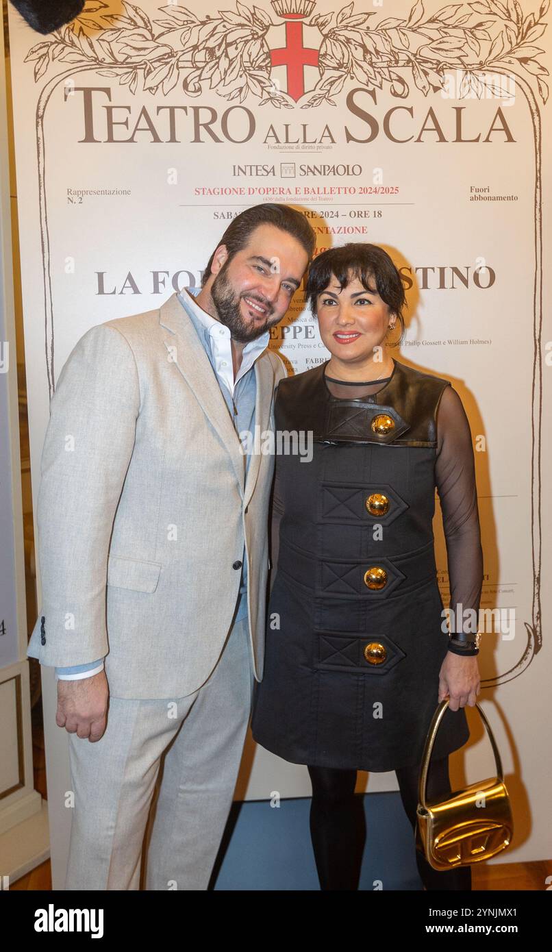 Milano, Italia. 26 novembre 2024. Brian Jagde e Anna Netrebko durante la Conferenza stampa per presentare "la forza del destino" l'Opera inaugurale della stagione 2024/2025 del Teatro alla Scala - Milano, Italia - Marted&#xec;, 26 novembre 2024 (foto Stefano porta/LaPresse) Conferenza stampa per presentare "la forza del destino", l'opera inaugurale della stagione 2024/2025 del Teatro alla Scala - Milano, Italia - martedì 26 novembre 2024 (foto Stefano porta/LaPresse) Foto Stock