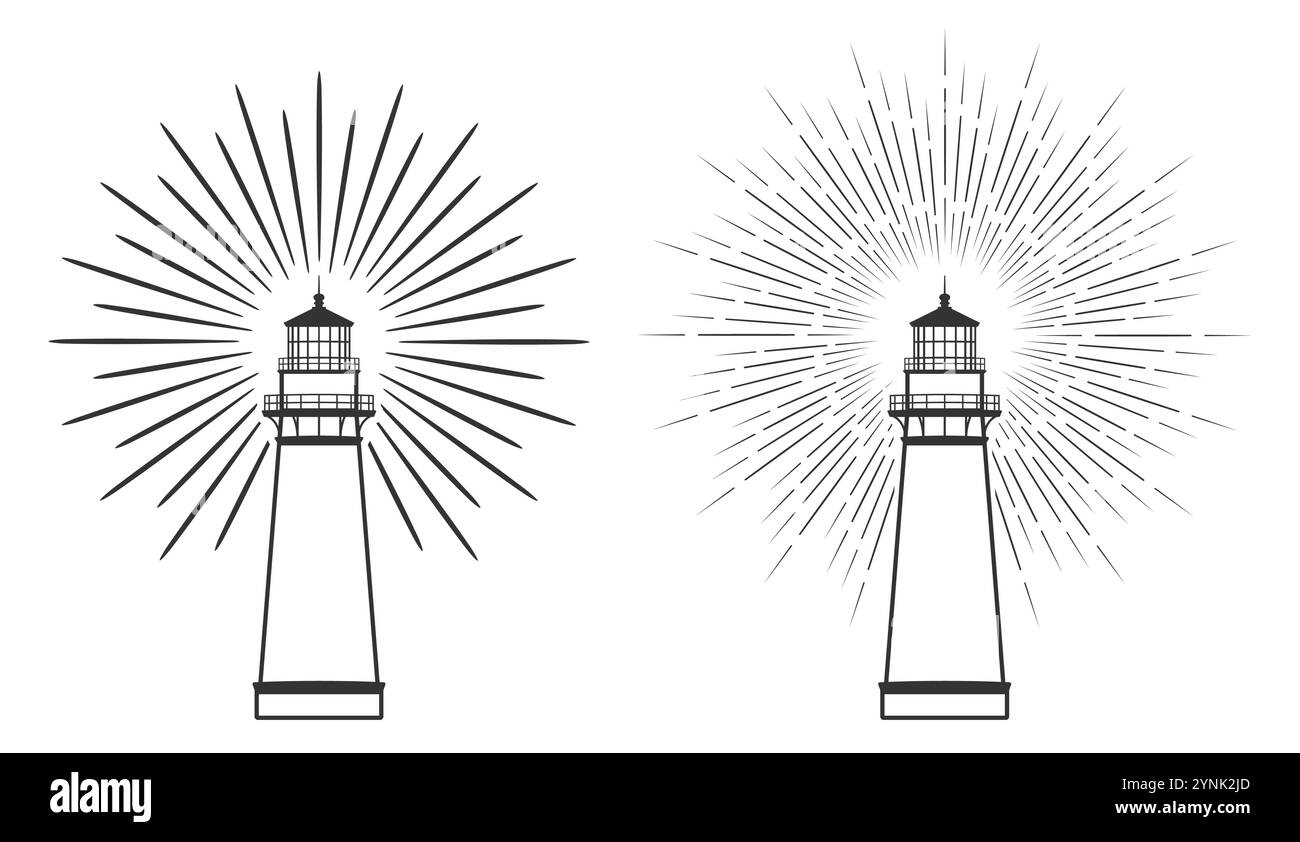 Set forma simbolo icona faro. Collezione di insegne con logo Light House. Faro rotante di navigazione Shore. Illustrazione della silhouette vettoriale. Isolato su b bianco Illustrazione Vettoriale