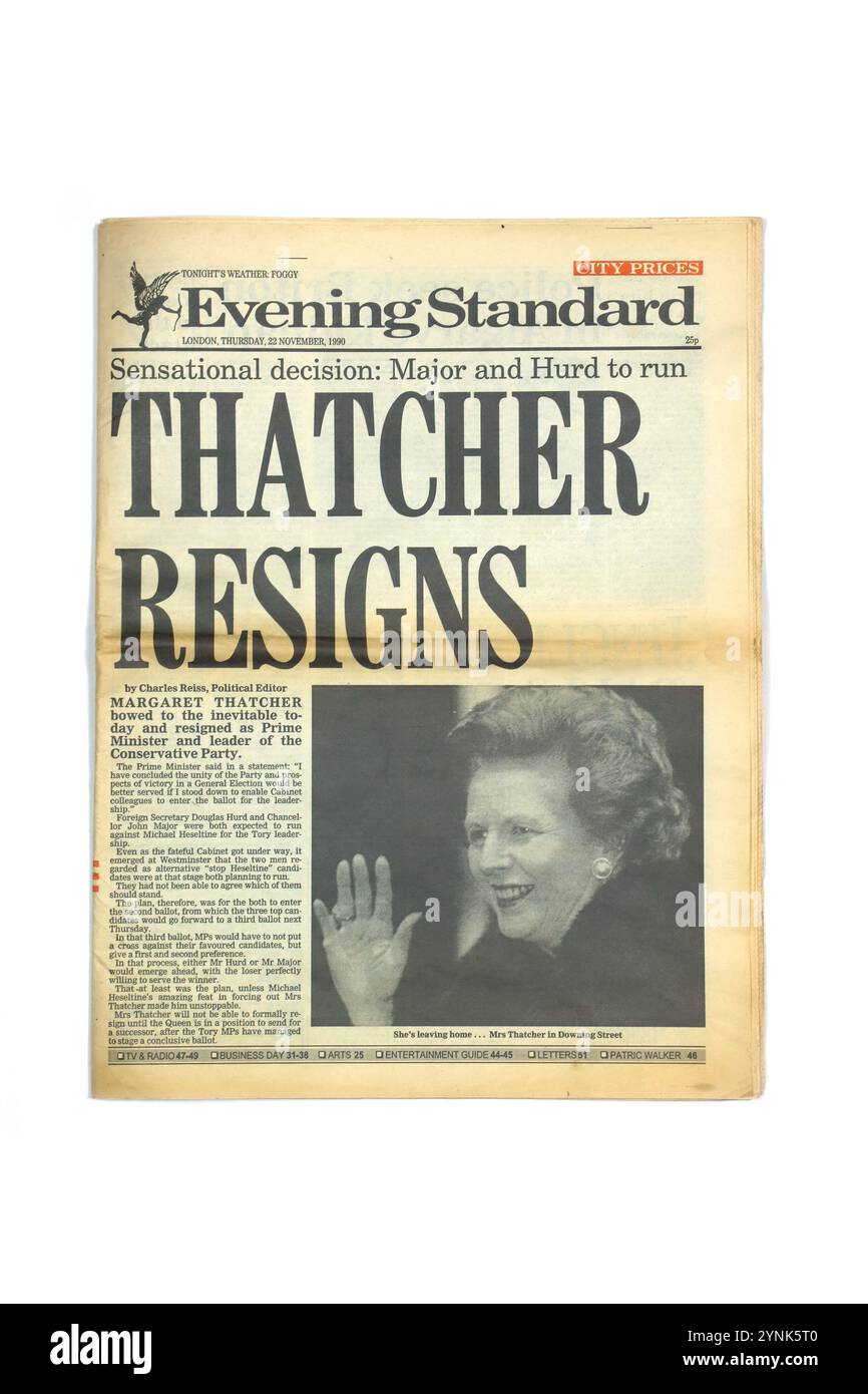 Thatcher si dimette, Evening Standard Newspaper, 22 novembre 1990. Foto Stock