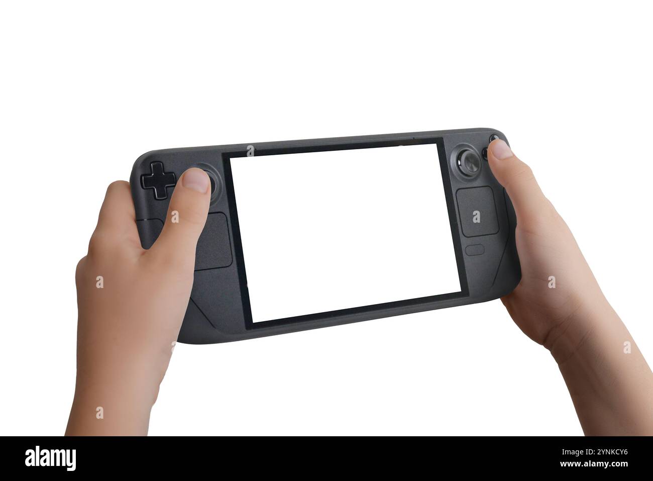 Vista ravvicinata angolata delle mani che tengono una console di gioco portatile dal lato sinistro, schermo e sfondo isolati, perfetta per promozioni di gioco e moc Foto Stock