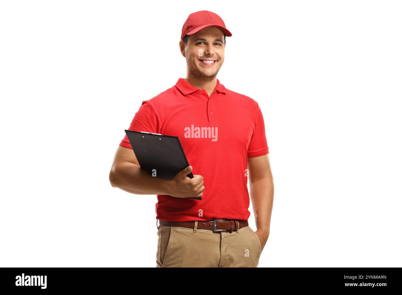 Uomo sorridente in uniforme con un portadocumenti isolato su sfondo bianco Foto Stock