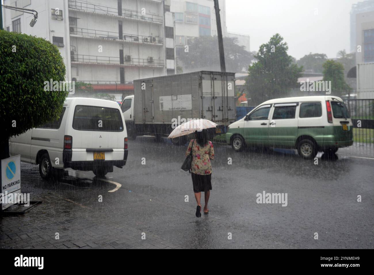 Colombo, Sri Lanka. 26 novembre 2024. A Pedestrian Walks on a Street in Colombo, Sri Lanka, 26 novembre 2024. Martedì il Dipartimento di Meteorologia dello Sri Lanka ha lanciato un allarme rosso, avvertendo che la profonda depressione nel Golfo del Bengala si intensificherà in una tempesta ciclonica il mercoledì. Crediti: Gayan Sameera/Xinhua/Alamy Live News Foto Stock