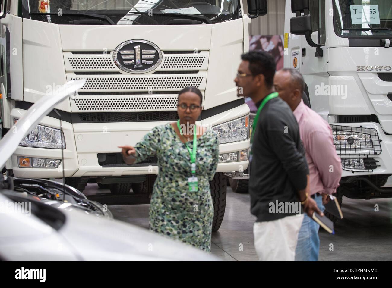 Addis Abeba, Etiopia. 25 novembre 2024. Le persone visitano la mostra Ethio-Green Mobility 2024 ad Addis Abeba, Etiopia, 25 novembre 2024. L'Etiopia ospita la sua prima mostra sulla mobilità verde come parte del suo impegno per la riduzione delle emissioni di carbonio e la promozione di soluzioni di trasporto verdi. PER ANDARE CON "Feature: L'Etiopia ospita la prima fiera dei veicoli elettrici per promuovere la mobilità verde" crediti: Michael Tewelde/Xinhua/Alamy Live News Foto Stock