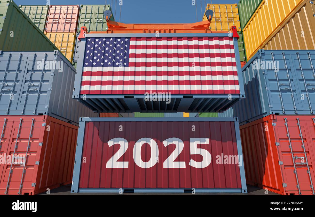 Commercio 2025. Container per trasporto merci con bandiera nazionale USA. Rendering 3D. Foto Stock