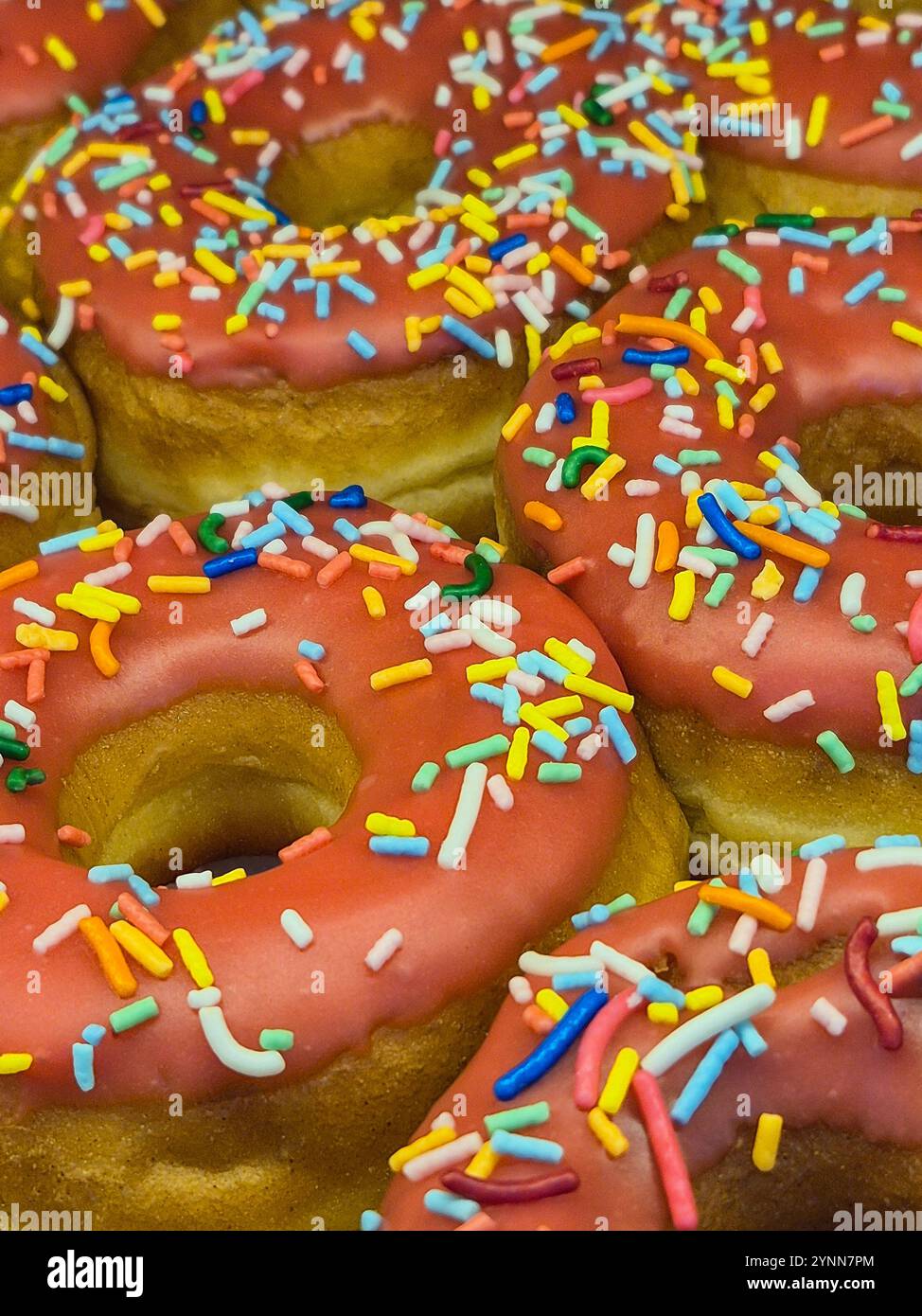 Goiania, Goias, Brasile – 25 novembre 2024: Una serie di ciambelle decorate, ricoperte di cioccolato con spruzzi di vari colori. Foto Stock