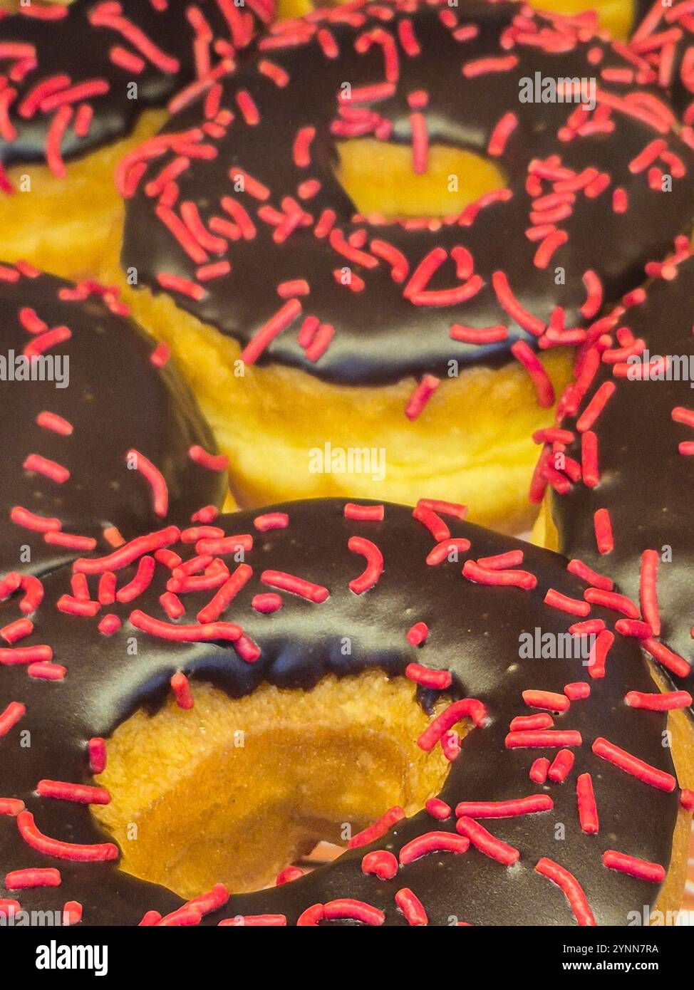 Goiania, Goias, Brasile – 25 novembre 2024: Una serie di ciambelle decorate, ricoperte di cioccolato con spruzzi colorati sulla parte superiore. In mostra per la vendita. Foto Stock