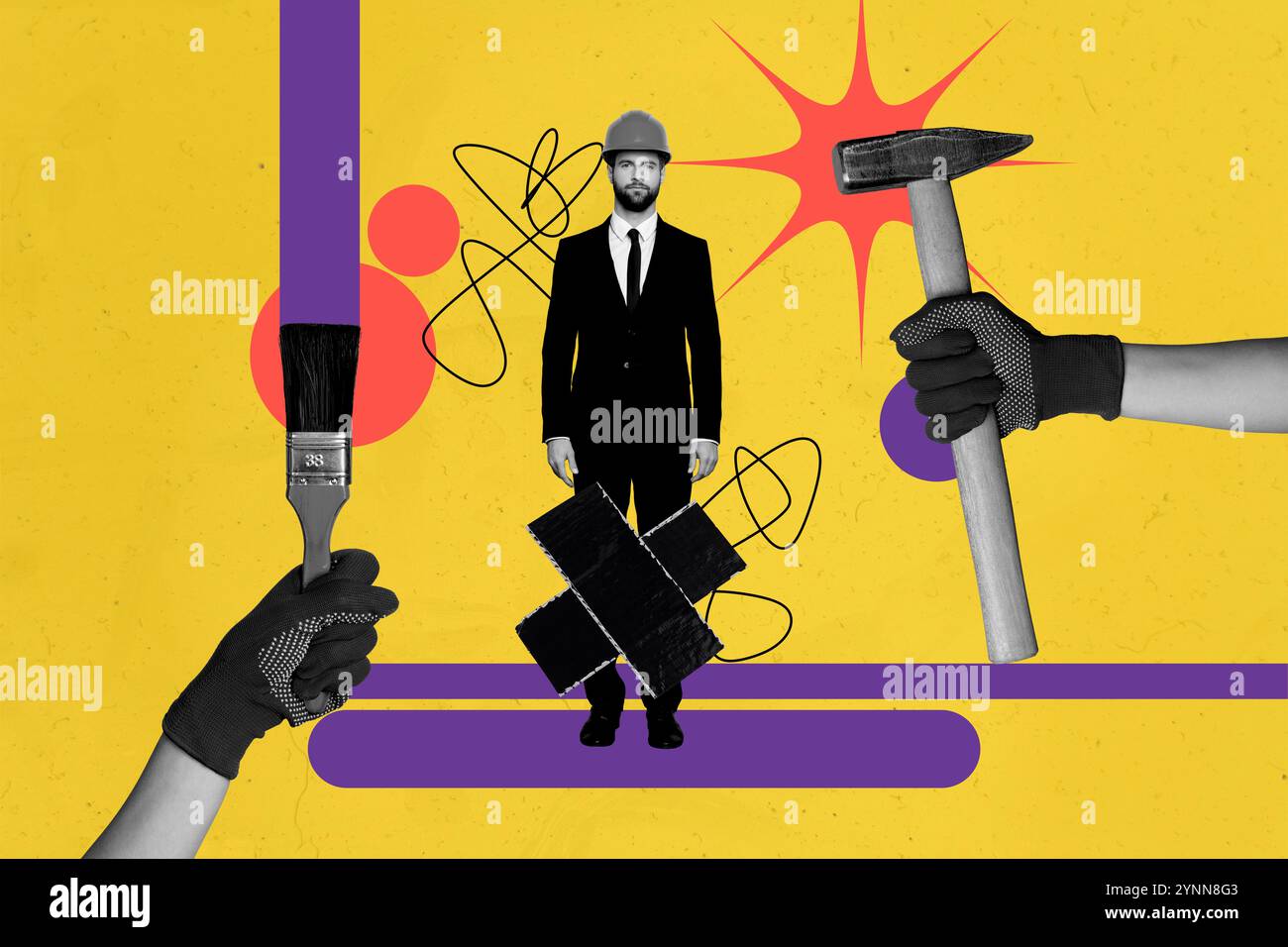 Grafica di un collage fotografico immagine minimale di un ragazzo impegnato che si diverte con uno sfondo creativo isolato nel processo di costruzione Foto Stock