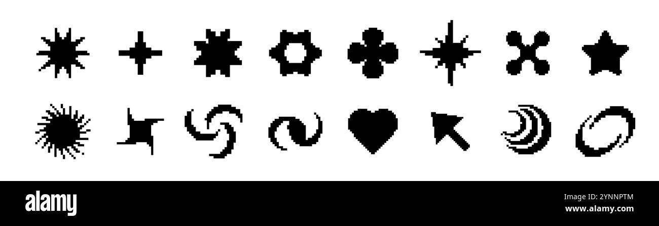 Icone di pixel neri con rotelline e stile computer rétro Illustrazione Vettoriale