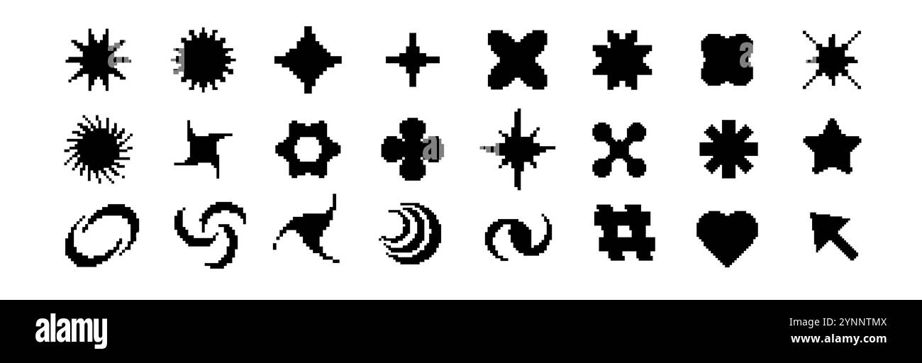 Icone di pixel neri con elementi futuristici rétro Y2K e anni '80. Illustrazione Vettoriale