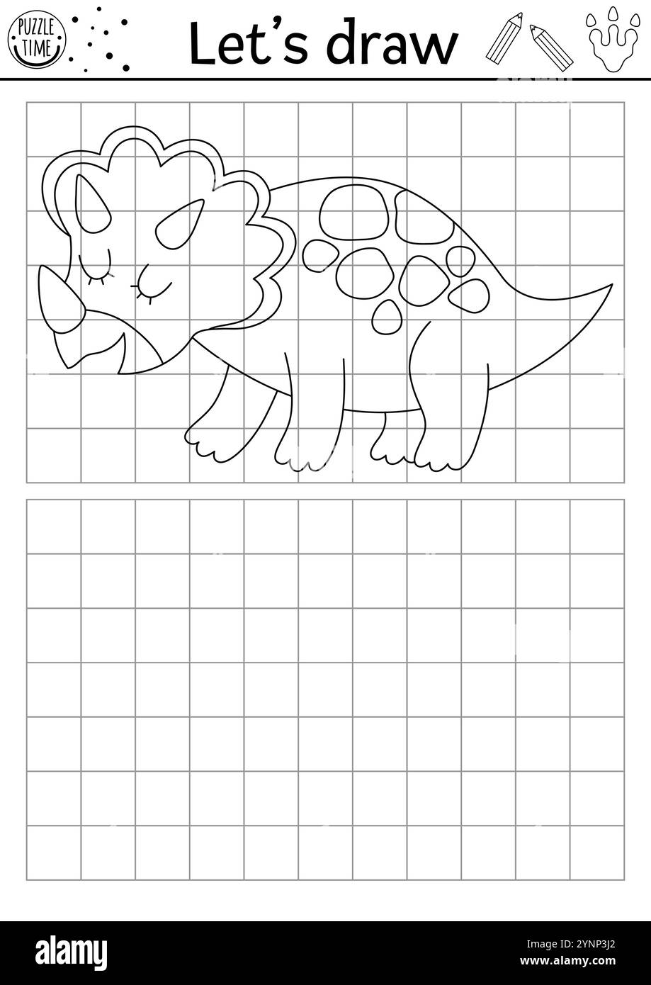 Disegna il dinosauro. Foglio di lavoro di esercitazione del disegno preistorico vettoriale con animali antichi. Attività stampabile in bianco e nero per bambini. Copia o completa Illustrazione Vettoriale