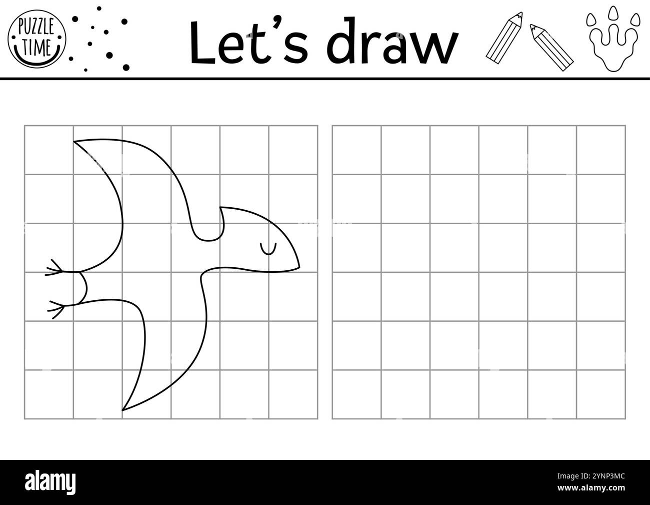 Disegna il dinosauro. Foglio di lavoro di esercitazione del disegno preistorico vettoriale con animali antichi. Attività stampabile in bianco e nero per bambini. Copia o completa Illustrazione Vettoriale