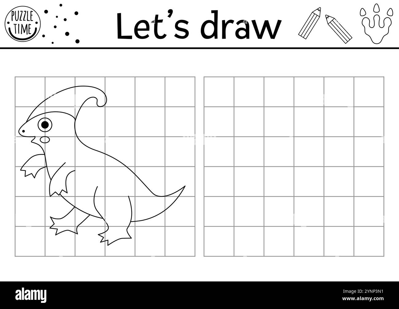 Disegna il dinosauro. Foglio di lavoro di esercitazione del disegno preistorico vettoriale con animali antichi. Attività stampabile in bianco e nero per bambini. Copia o completa Illustrazione Vettoriale