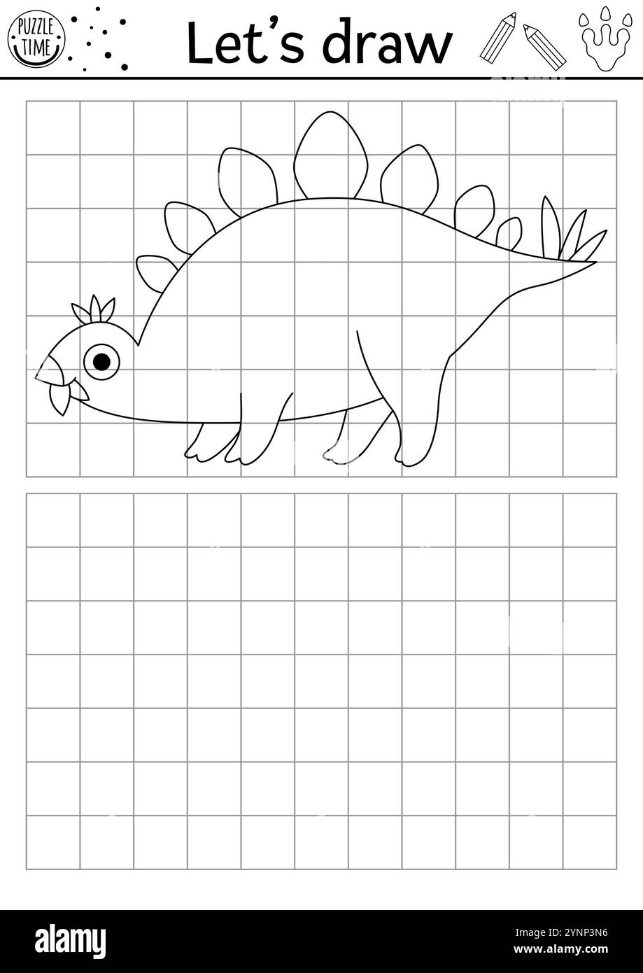 Disegna il dinosauro. Foglio di lavoro di esercitazione del disegno preistorico vettoriale con animali antichi. Attività stampabile in bianco e nero per bambini. Copia o completa Illustrazione Vettoriale