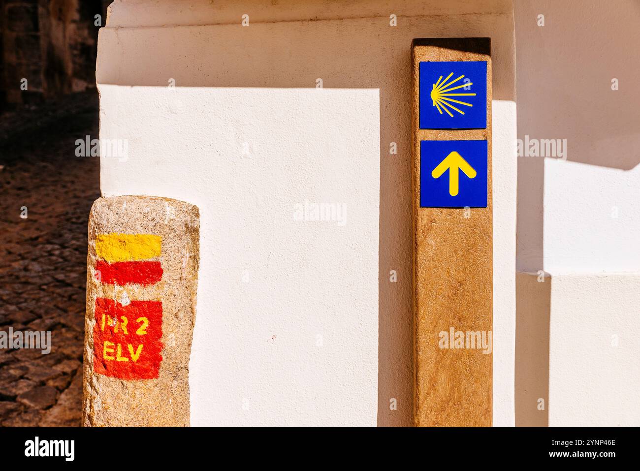 Freccia gialla e guscio giallo, segni della via di San Giacomo. La via di San Giacomo attraverso il Portogallo. Elvas, Alentejo, Portogallo, Europa Foto Stock