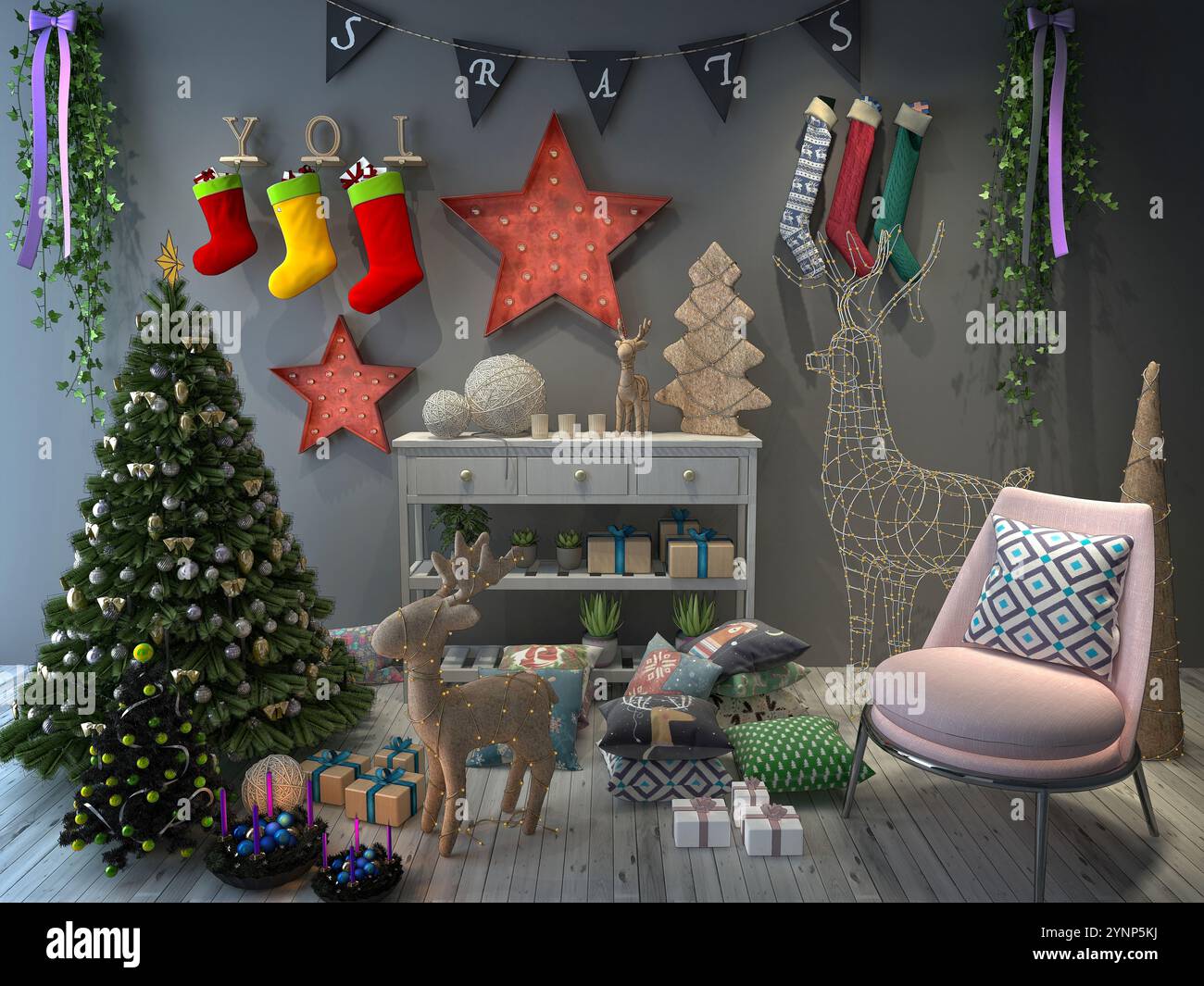 rendering in 3d dell'albero di natale e dell'arredamento Foto Stock