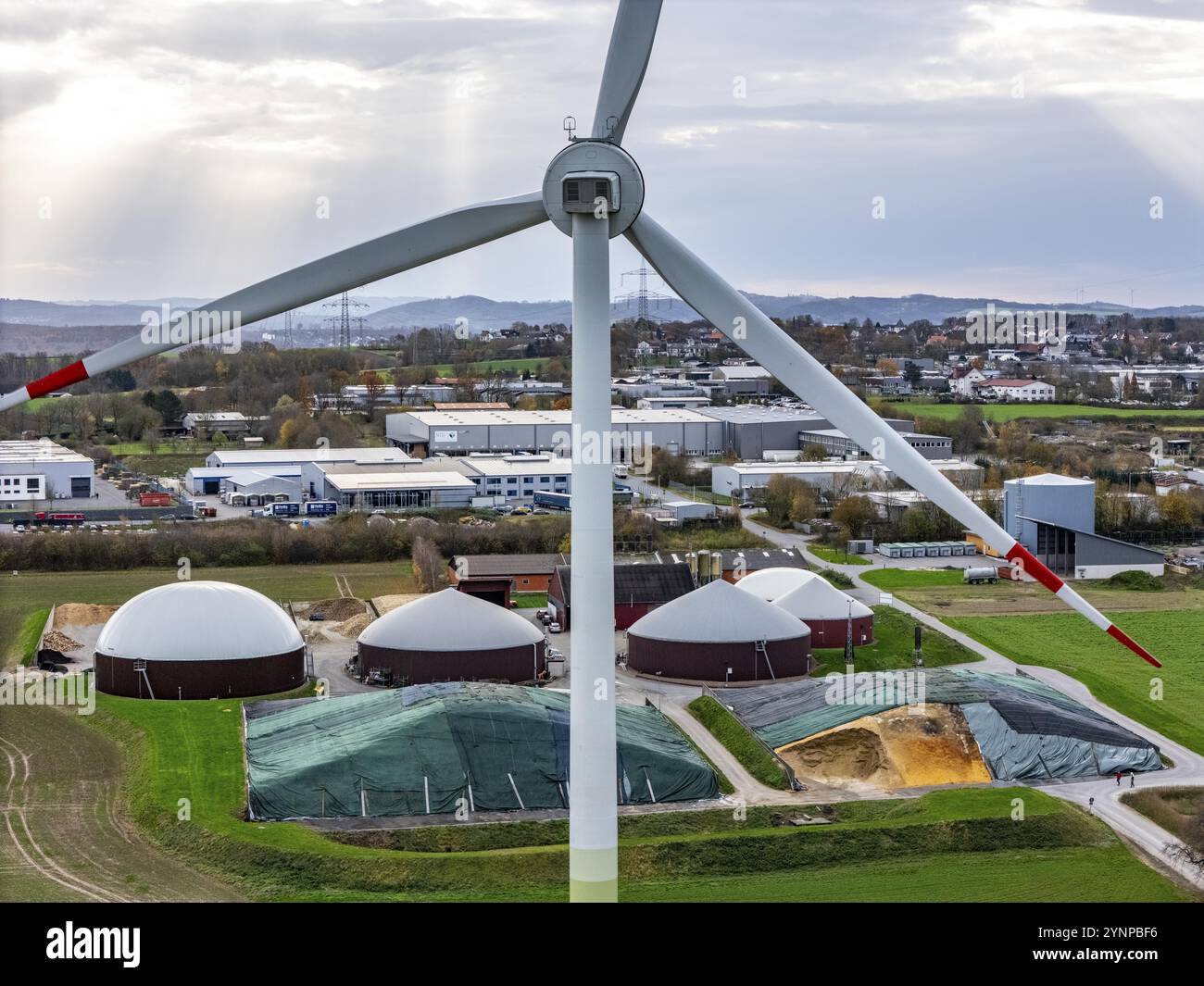 L'impianto di biogas produce gas da varie biomasse, l'elettricità viene generata in impianti di cogenerazione di calore e di energia elettrica con il biogas prodotto e venduto a Compan Foto Stock