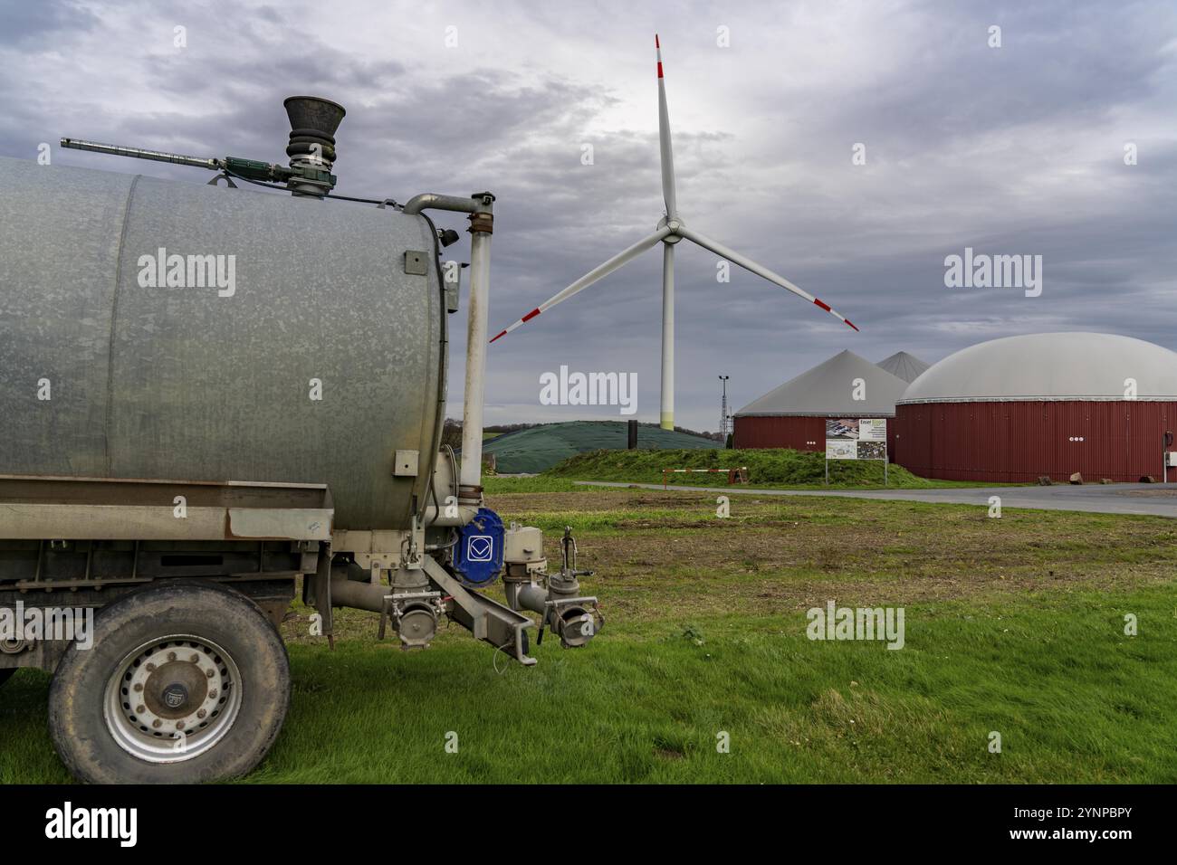 L'impianto di biogas produce gas da varie biomasse, l'elettricità viene generata in impianti di cogenerazione di calore e di energia elettrica con il biogas prodotto e venduto a Compan Foto Stock