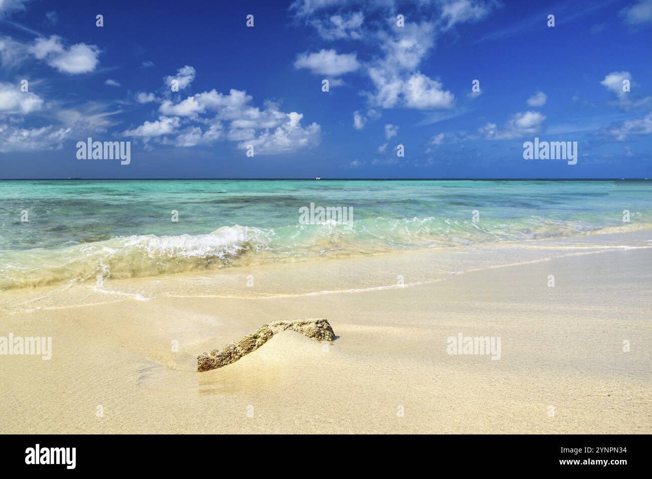 Una vista panoramica della spiaggia di Arashi sull'isola di Aruba, nei Caraibi, con cielo blu e sabbia bianca Foto Stock