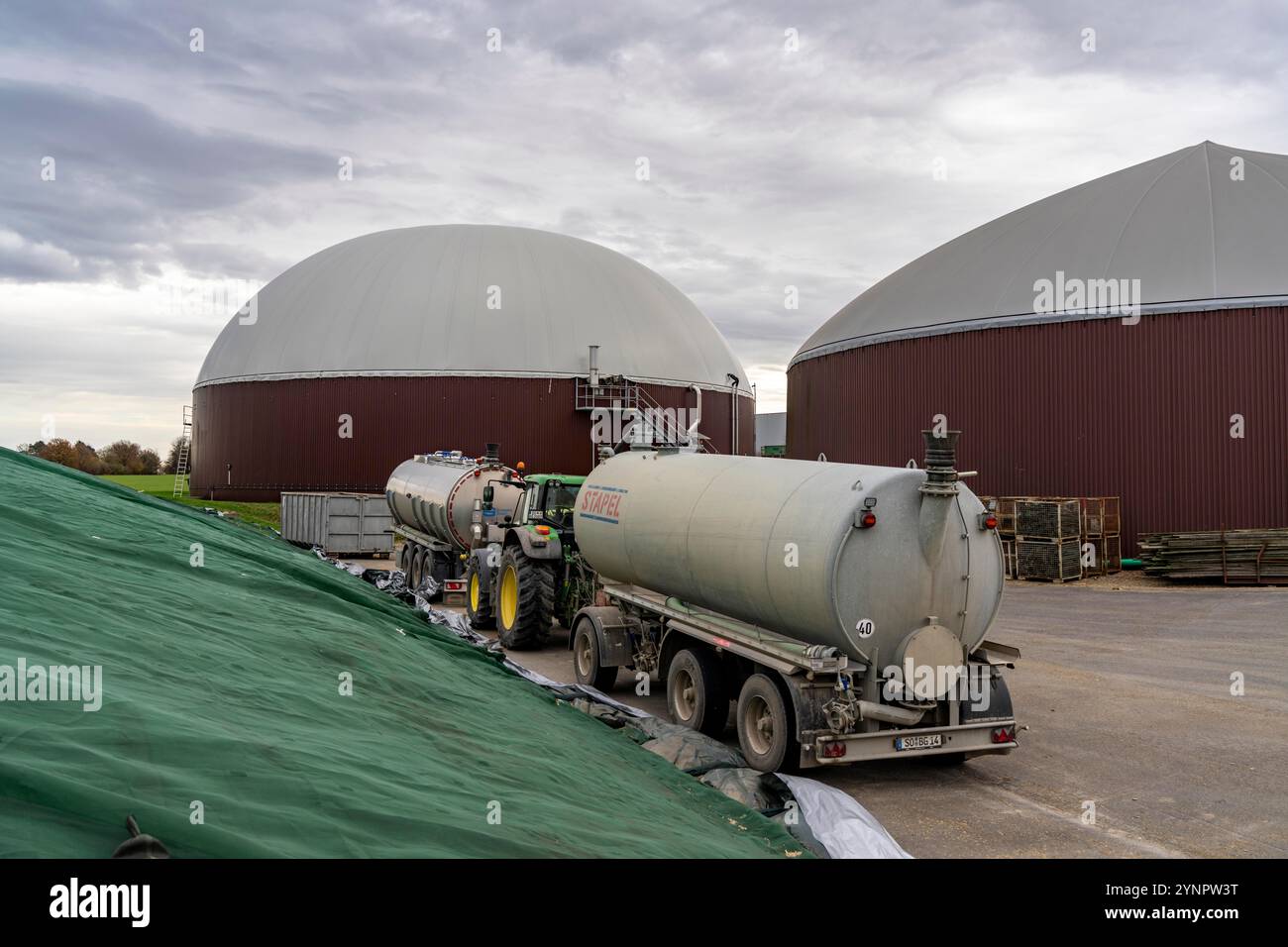L'impianto di biogas produce gas da varie biomasse, l'elettricità viene generata in centrali elettriche e di calore combinate con il biogas prodotto e venduto a co Foto Stock
