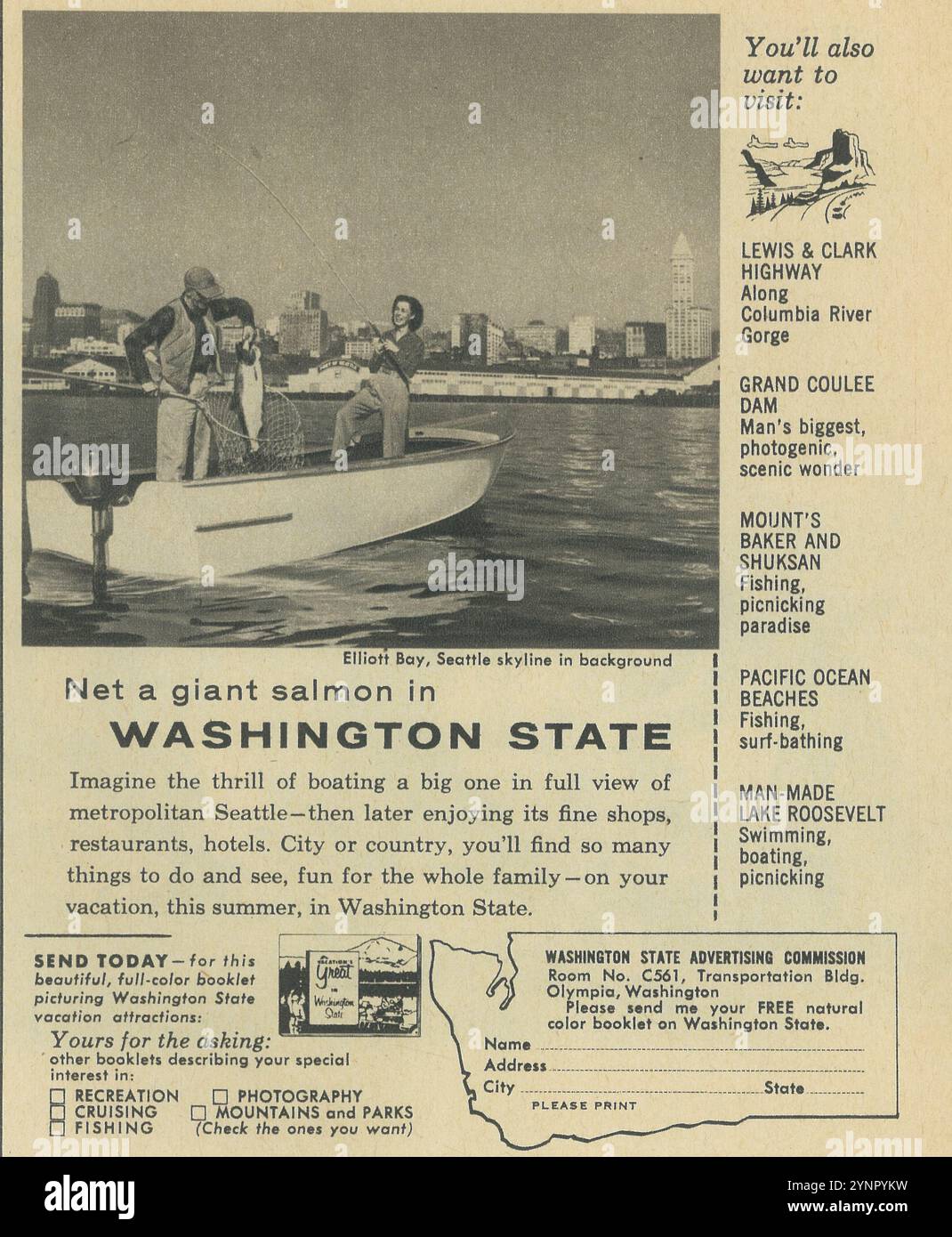 1956 annuncio di viaggio della Washington State Advertising Commission - Salmon Fishing, Seattle Foto Stock