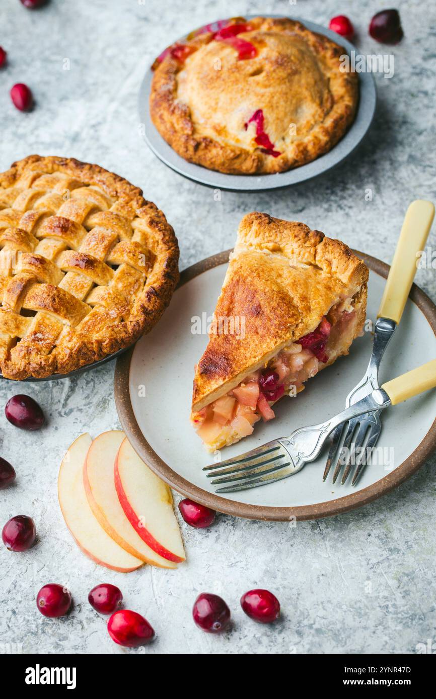 Un'immagine ravvicinata di 2 mini torte di mirtilli di mele appena sfornate. Una fetta si appoggia su un piatto piccolo. Ci sono fette di mele e mirtilli rossi sparsi intorno Foto Stock