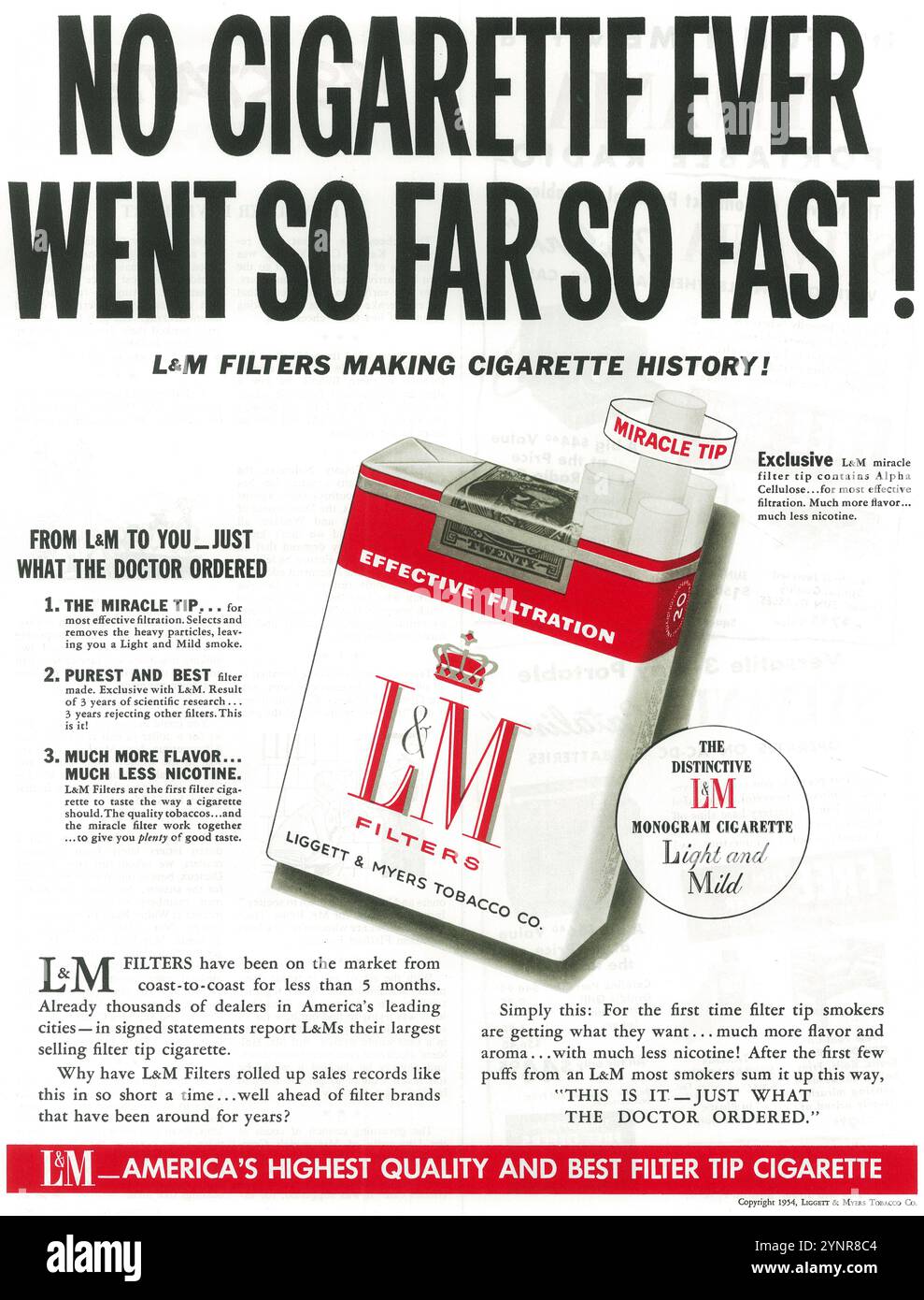 1954 L e M sigarette ad - filtri L&M, filtraggio efficace Foto Stock