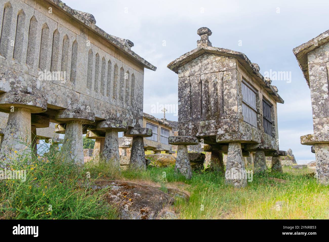 Granai di Lindoso nel Parco Nazionale di Peneda Geres, Portogallo. granai comunitari, chiamati espigueiros Foto Stock