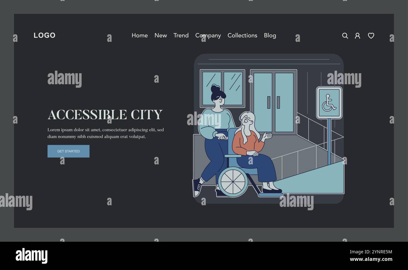Concetto di città accessibile. Un'illustrazione che raffigura utenti in sedia a rotelle che sperimentano la mobilità urbana con facilità. Pari opportunità di viaggio negli spazi pubblici. Illustrazione vettoriale. Illustrazione Vettoriale