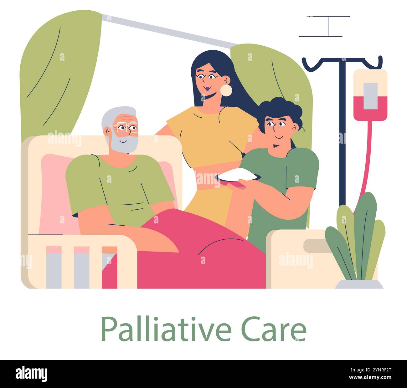 Concetto di cure palliative. Paziente anziano in un letto confortevole con familiari che si prendono cura e supporto medico. Illustrazione sanitaria compassionevole. Illustrazione vettoriale. Illustrazione Vettoriale