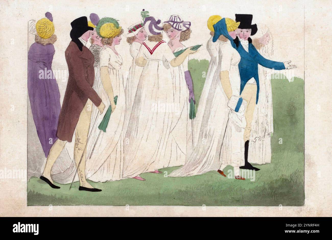Una stampa a cartoni animati incisione colorata di rivista di moda femminile di Londra e Parigi nel 1798, incisione acquerello su carta dell'epoca georgiana del XVIII secolo creata da Richard Phillips, arte d'epoca, moda, abbigliamento Foto Stock