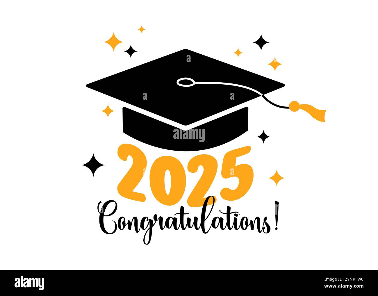 Graduazione 2025 Congratulazioni biglietto di auguri. Illustrazione piatta vettoriale. Cappello accademico quadrato di colore nero e classe d'oro di 2025 numeri su bianco Illustrazione Vettoriale