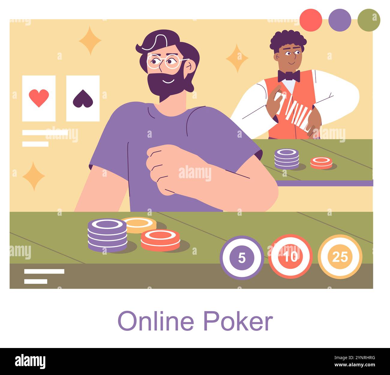 Concetto di poker online. Un giocatore impegnato in un gioco di carte digitali con un rivenditore virtuale. Giochi interattivi, chip per casinò e simboli di carte. Illustrazione vettoriale. Illustrazione Vettoriale