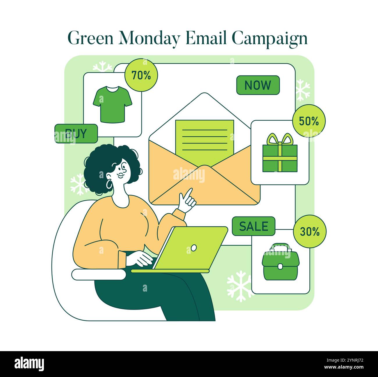 Campagna e-mail Green Monday. Una persona pianifica un evento di vendita con sconti sui prodotti ecologici. Acquisti online, offerte di sconto e marketing via e-mail. Illustrazione vettoriale. Illustrazione Vettoriale