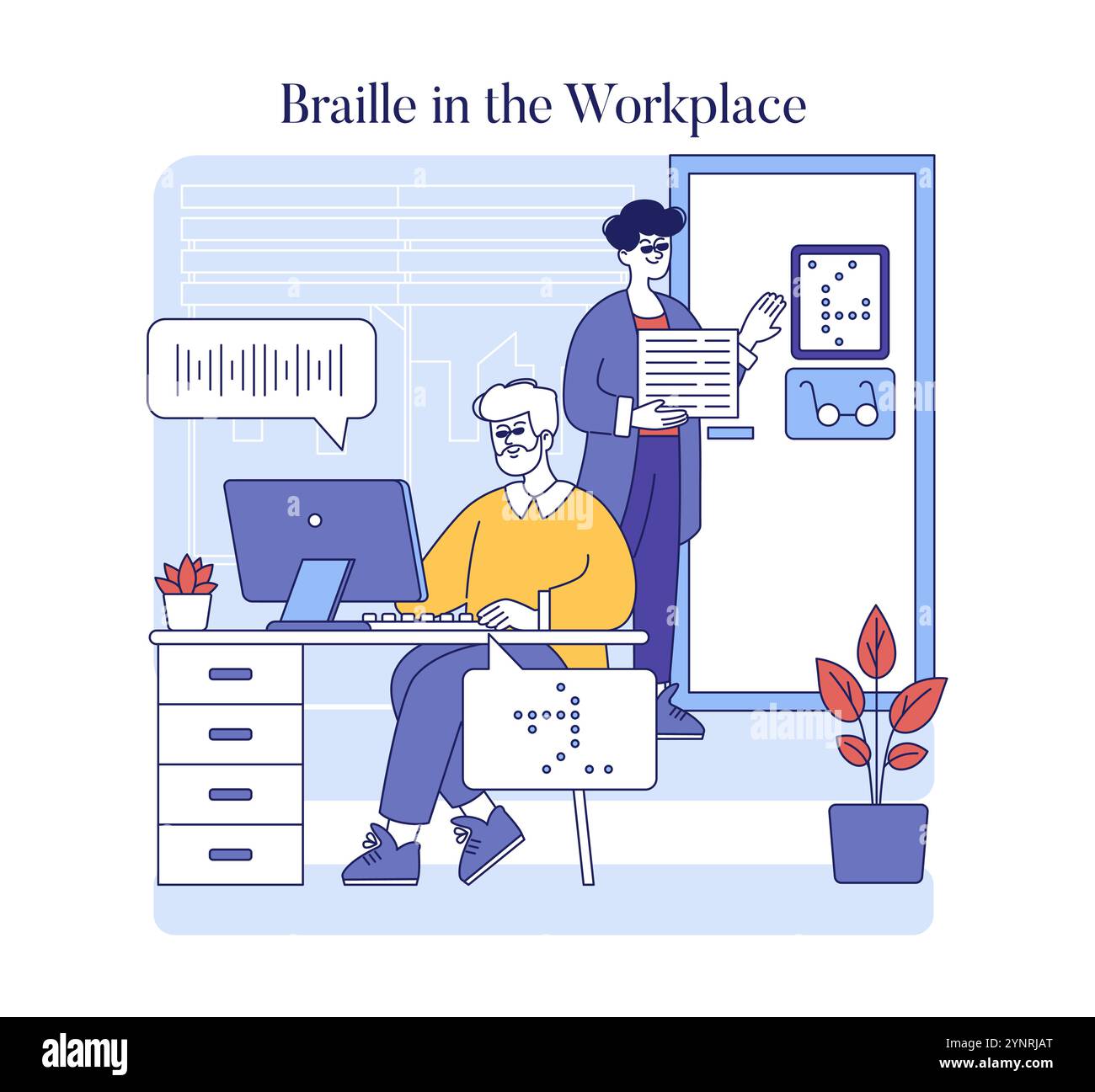 Inclusione e accessibilità con il Braille sul posto di lavoro con i dipendenti che interagiscono con testo tattile. Adattabilità sul luogo di lavoro per i non vedenti. Illustrazione vettoriale. Illustrazione Vettoriale