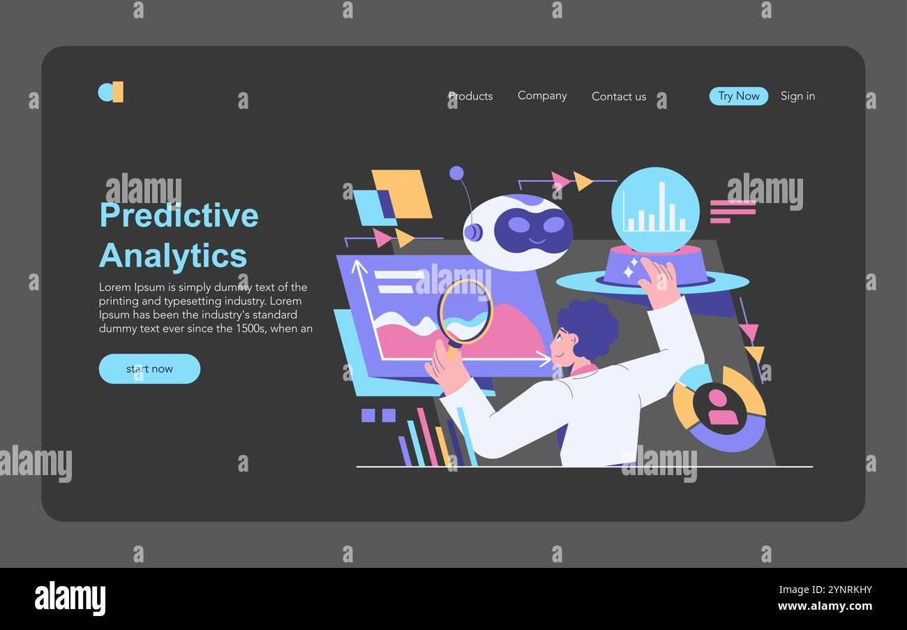 Concetto di Data Science. Una persona interagisce con grafici e grafici che simboleggiano l'analisi e le tendenze. Analisi dei dati e interfaccia di apprendimento automatico. Illustrazione vettoriale. Illustrazione Vettoriale