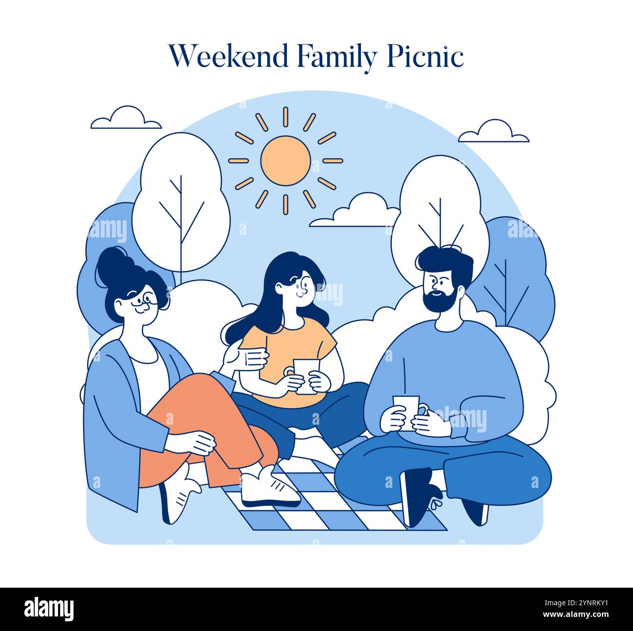 Picnic per famiglie nel weekend. Un'escursione serena con genitori e bambini che si rilassano sotto il sole. Momento di legame, svago nella natura. Illustrazione vettoriale. Illustrazione Vettoriale
