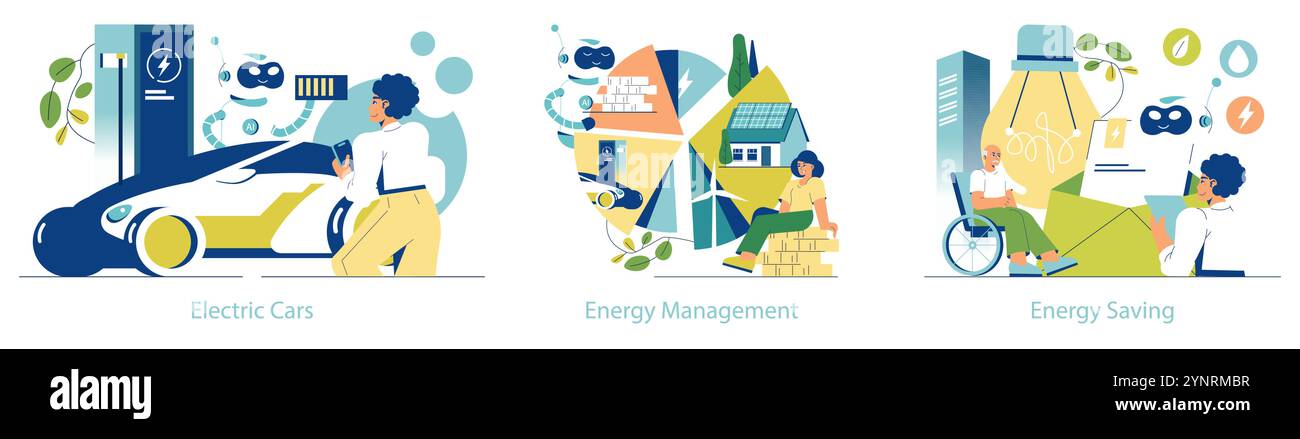 Set di elettrificazione. Soluzioni energetiche sostenibili come auto elettriche, gestione efficiente dell'energia e risparmio. Concetti di vita eco-compatibili. Illustrazione vettoriale. Illustrazione Vettoriale