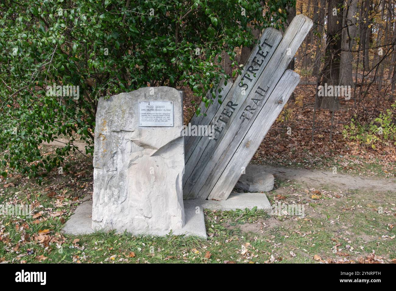 Cartello stradale di Peter Street al Felker's Fall Park su Ackland Street a Hamilton, Ontario, Canada Foto Stock