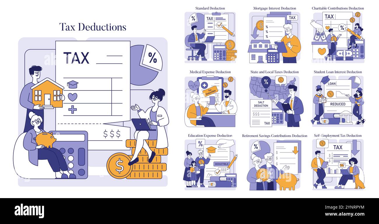 Concetto di detrazioni fiscali. Una guida informativa sui vari risparmi fiscali come le deduzioni standard, mediche e scolastiche. Illustrazione vettoriale. Illustrazione Vettoriale