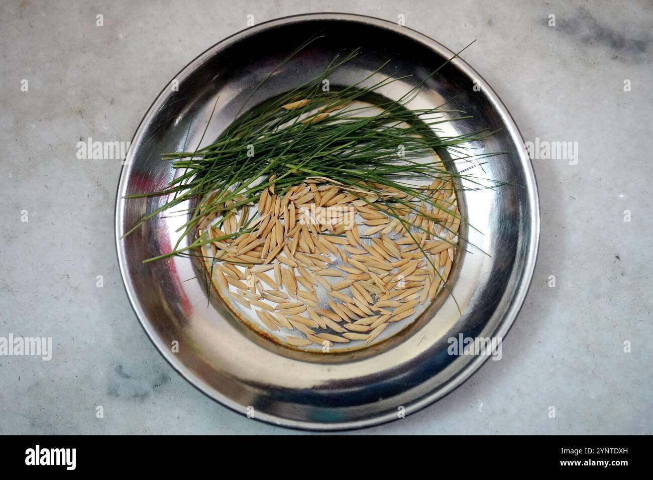 Per il rituale della benedizione comunemente noto come Ashirbad sono richiesti Paddy Grain e erba verde Foto Stock