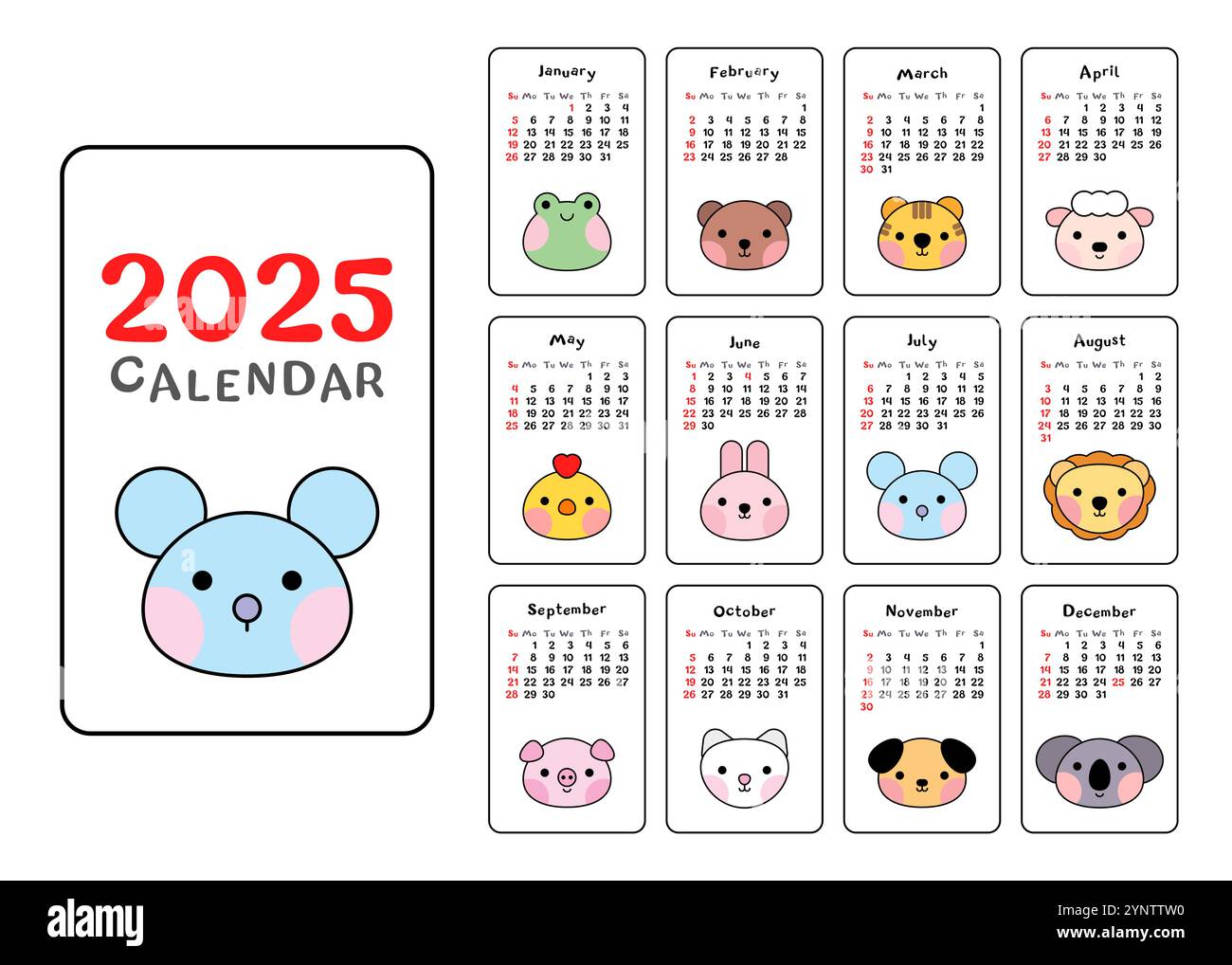 2025 carino modello di calendario animale. Pianificatore mensile per bambini. Illustrazione Vettoriale