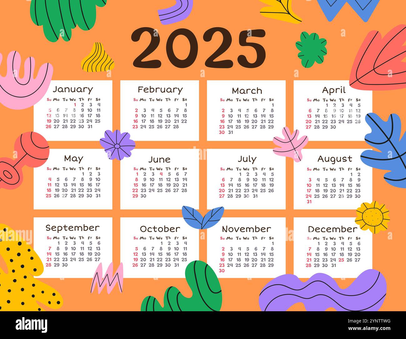 Modello 2025 di calendario vettoriale dalle forme brillanti e alla moda Illustrazione Vettoriale