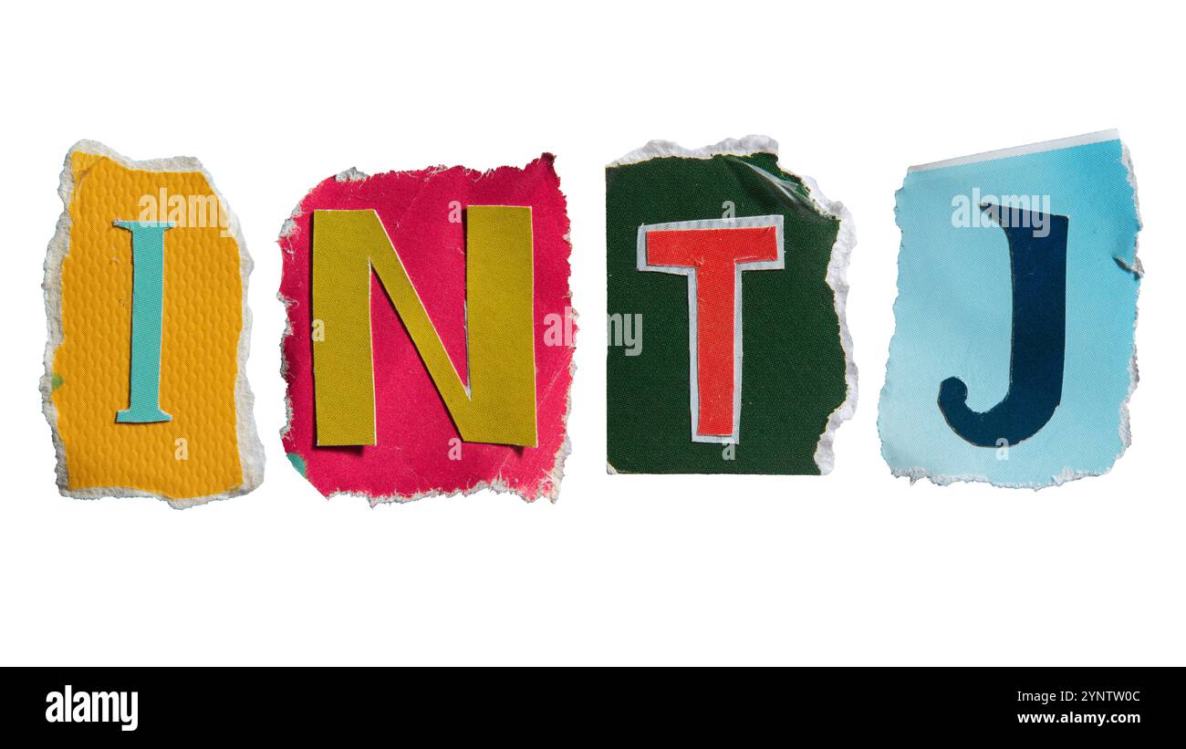 INTJ o Architect è un tipo di personalità con tratti introversi, intuitivi, di pensiero e di giudizio. Lettere i, N, T e J strappate dalla carta di riviste Foto Stock
